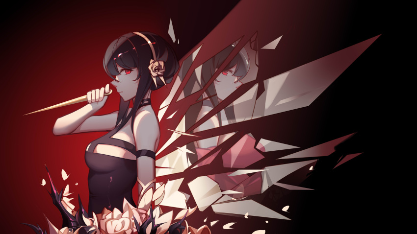 1girl absurdres bangs bare_arms bare_shoulders black_hair breasts broken_glass eyebrows_hidden_by_hair from_side glass highres holding holding_weapon long_hair looking_at_viewer off_shoulder red_eyes reflection solo spy_x_family upper_body vsa_(xmj173178) weapon wings yor_briar