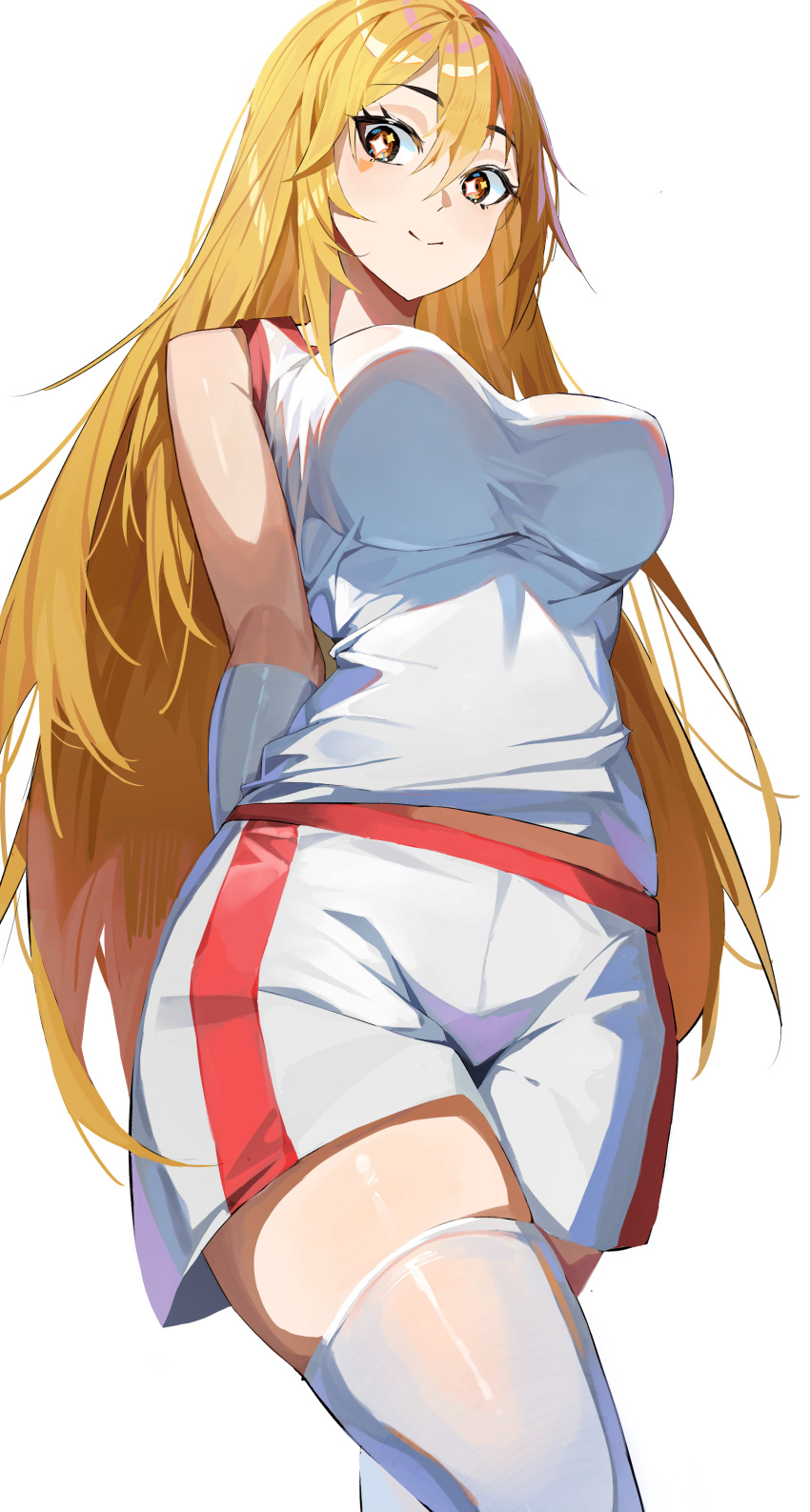 1girl absurdres arms_behind_back bare_shoulders blonde_hair breasts brown_eyes closed_mouth elbow_gloves feet_out_of_frame from_below gloves gym_shirt gym_shorts gym_uniform hair_between_eyes highres large_breasts long_hair looking_at_viewer midriff_peek shirt shokuhou_misaki short_shorts shorts sleeveless sleeveless_shirt smile solo soranoki sparkling_eyes thighhighs thighs toaru_kagaku_no_mental_out toaru_kagaku_no_railgun toaru_majutsu_no_index very_long_hair white_background white_gloves white_shirt white_shorts white_thighhighs