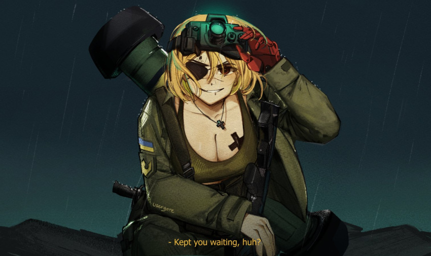 1girl artist_name assault_rifle bangs big_boss blonde_hair breasts brown_eyes cleavage cross cross_necklace english_text eyepatch fgm-148_javelin green_tank_top gun hair_between_eyes handgun jewelry large_breasts looking_at_viewer marichka mechanical_arms metal_gear_(series) military military_jacket military_uniform necklace night_vision_device parody rain rifle scar scar_on_face single_mechanical_arm smirk solo tank_top ukrainian_flag uniform usergore weapon