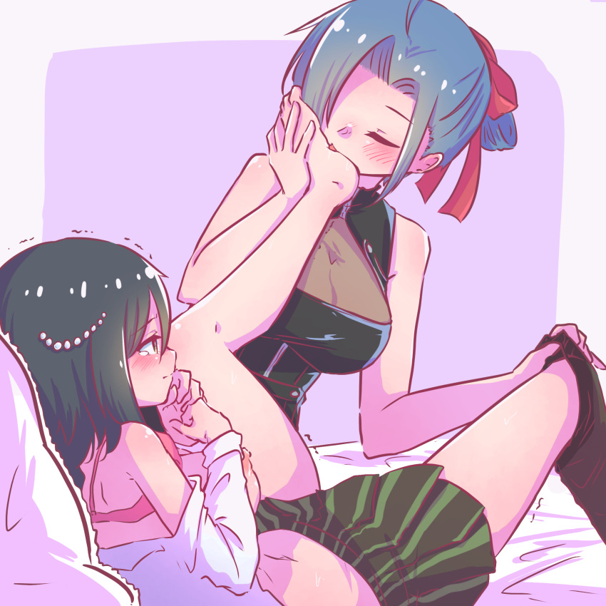 2girls assault_lily bangs bare_arms bare_shoulders barefoot bed_sheet black_hair blue_hair blush border bow bra bra_lift breasts breasts_out bright_pupils closed_eyes closed_mouth feet folded_ponytail foot_focus foot_worship green_skirt grey_border hair_between_eyes hair_bow hair_ornament hair_over_one_eye hand_on_another's_leg hands_on_feet hands_up highres knee_up large_breasts leg_up licking licking_foot long_sleeves looking_at_another miniskirt miyamoto_komuku multiple_girls nakabayashi_kaina navel nipples off_shoulder one_eye_covered outside_border own_hands_together parted_lips pearl_hair_ornament pillow pleated_skirt profile pulled_by_another purple_background reclining red_bow red_bra red_shirt school_uniform see-through shirt short_hair single_thighhigh skirt sleeveless sleeveless_shirt striped striped_skirt sweat tearing_up teisuu thighhighs thighhighs_pull tongue tongue_out trembling underwear undressing_another vertical-striped_skirt vertical_stripes white_pupils white_shirt yellow_eyes yuri