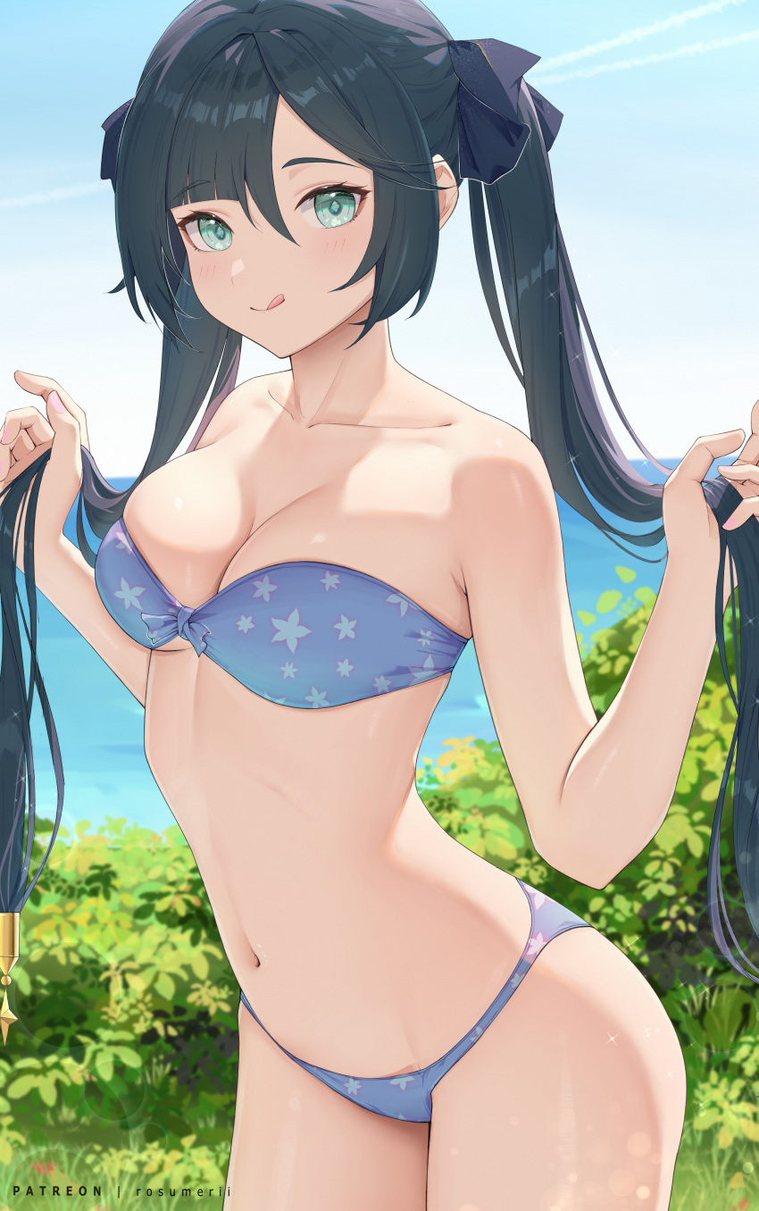 1girl :q absurdres alternate_costume bangs bare_arms bare_shoulders bikini black_hair black_ribbon blue_bikini blue_sky breasts cleavage collarbone commentary_request cowboy_shot day front-tie_top genshin_impact grass green_eyes hair_between_eyes hair_ribbon highres holding holding_hair large_breasts long_hair looking_at_viewer mona_(genshin_impact) navel outdoors paid_reward_available patreon_username ribbon rosumerii sidelocks sky solo star_(symbol) star_print stomach strapless strapless_bikini swept_bangs swimsuit thighs tongue tongue_out twintails water