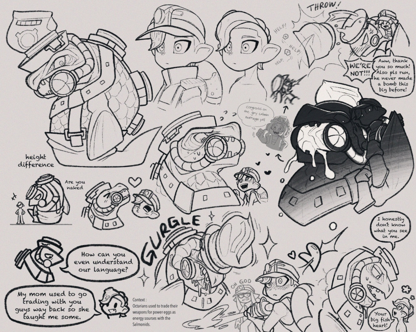 &lt;3 anthro armor blush bodily_fluids bomb cephalopod clothing english_text explosives fish gloves handwear headgear helmet hi_res humanoid humor jizoganee1010 jumpsuit male male/male marine mollusk multiple_images nintendo octarian octoling overalls saliva salmonid_(splatoon) sketch_page splatoon steelhead tentacles text video_games