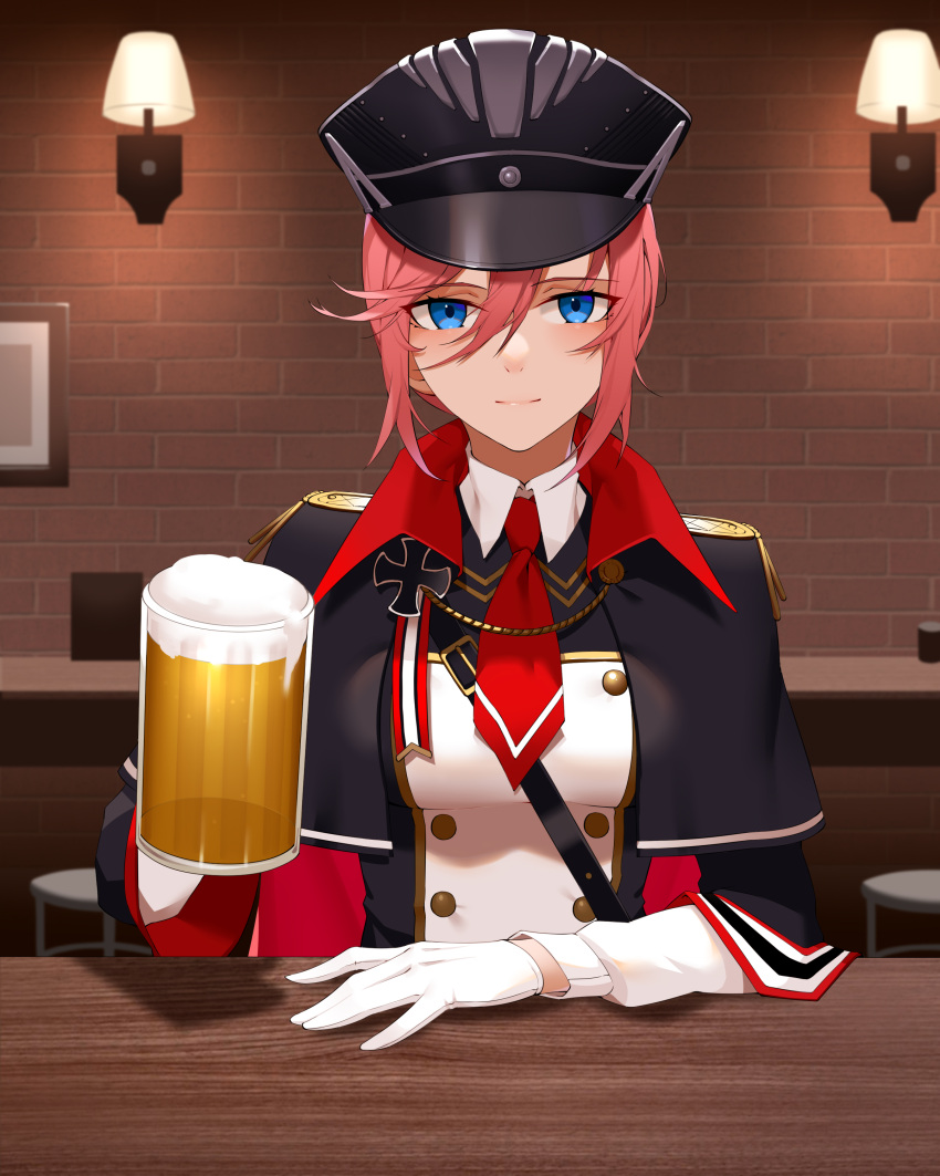 1girl absurdres alcohol azur_lane beer beer_mug black_capelet blue_eyes breasts brick_wall buttons capelet commentary_request cup double-breasted epaulettes gloves hair_between_eyes hat highres holding holding_cup indoors light_smile medium_breasts military military_uniform mug peaked_cap pink_hair pov_across_table seydlitz_(azur_lane) short_hair solo uniform wall_lamp white_gloves wsfw