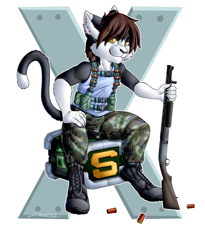 alpha_channel anthro canid canine canis domestic_cat domestic_dog felid feline felis gun haku_izumi hi_res male mammal metal_slug military_pants ranged_weapon shotgun solo weapon zooshi