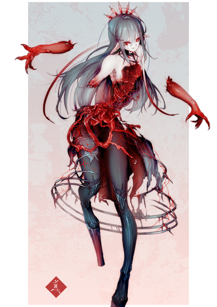 1girl amputee blood commission detached_arm double_amputee fingernails full_body grey_hair guro highres intestines long_fingernails long_hair mabo9317 original pale_skin platform_footwear pointy_ears red_eyes ribs sharp_fingernails skeb_commission skeleton solid_eyes solo spine torn_clothes