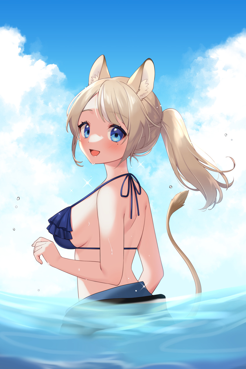 1girl :d absurdres animal_ear_fluff animal_ears bangs bare_arms bare_shoulders bikini blue_bikini blue_eyes blue_sky blush breasts cloud cloudy_sky commission copyright_request day frilled_bikini frills highres light_brown_hair looking_at_viewer looking_back medium_breasts mole mole_under_eye outdoors partially_submerged ponytail sakura_chiyo_(konachi000) sideboob sidelocks sky smile solo swept_bangs swimsuit tail virtual_youtuber water