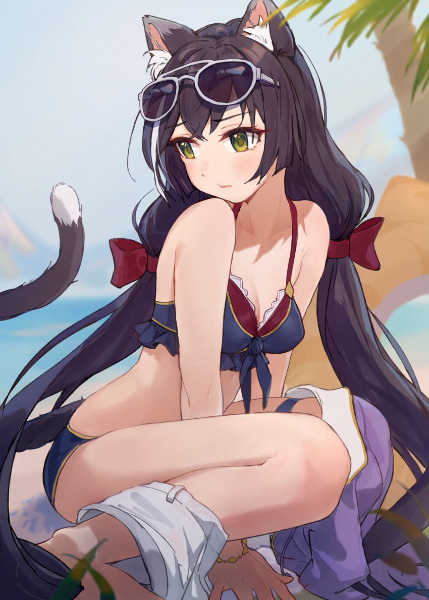 1girl animal_ear_fluff animal_ears bangs bare_shoulders bikini black_hair blush bow breasts cat_ears cat_girl cat_tail cleavage closed_mouth collarbone eyewear_on_head from_side green_eyes hair_bow highres karyl_(princess_connect!) long_hair looking_to_the_side medium_breasts multicolored_hair princess_connect! red_bow shorts shorts_around_one_leg solo squatting streaked_hair sunglasses swimsuit tail takeashiro twintails white_shorts