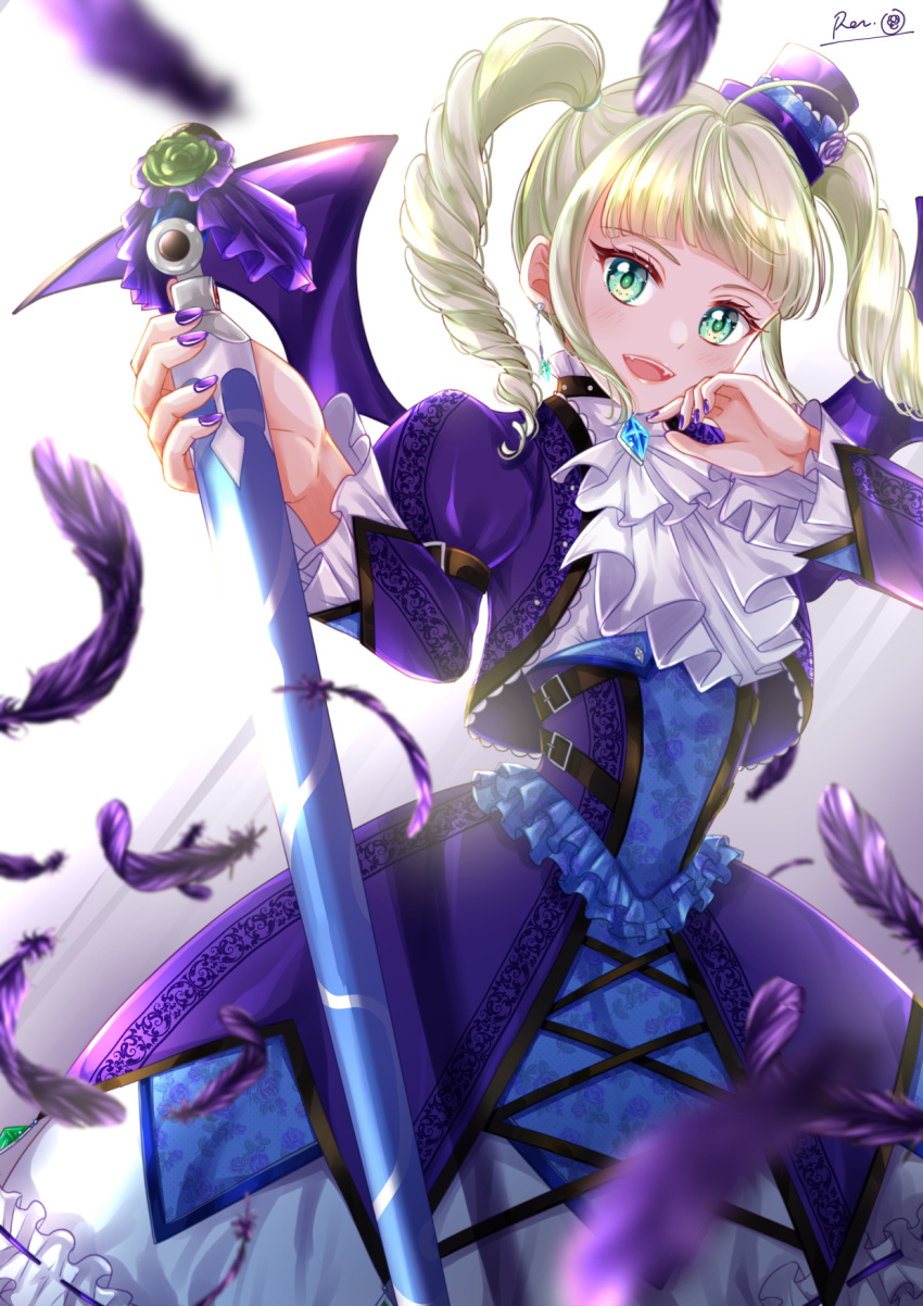 1girl :d aikatsu! aikatsu!_(series) ascot bangs blonde_hair blue_gemstone blunt_bangs feathers floating_hair gem gothic_lolita green_eyes hat highres holding jacket lolita_fashion long_hair long_sleeves looking_at_viewer mini_hat nail_polish okino_ren open_clothes open_jacket open_mouth purple_feathers purple_headwear purple_jacket purple_nails purple_wings shiny shiny_hair smile solo standing toudou_yurika twintails underbust vampire white_ascot wings