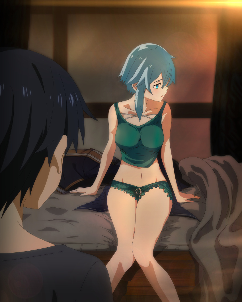 1boy 1girl absurdres bare_arms bare_legs bed bedroom black_hair black_shirt blue_eyes blue_hair breasts collarbone green_shorts green_tank_top groin highres indoors kirinonsh kirito looking_away medium_breasts micro_shorts midriff navel open_mouth shiny shiny_hair shirt short_hair short_hair_with_long_locks shorts sidelocks sinon sitting sleepwear stomach sword_art_online sword_art_online:_alicization_lycoris tank_top