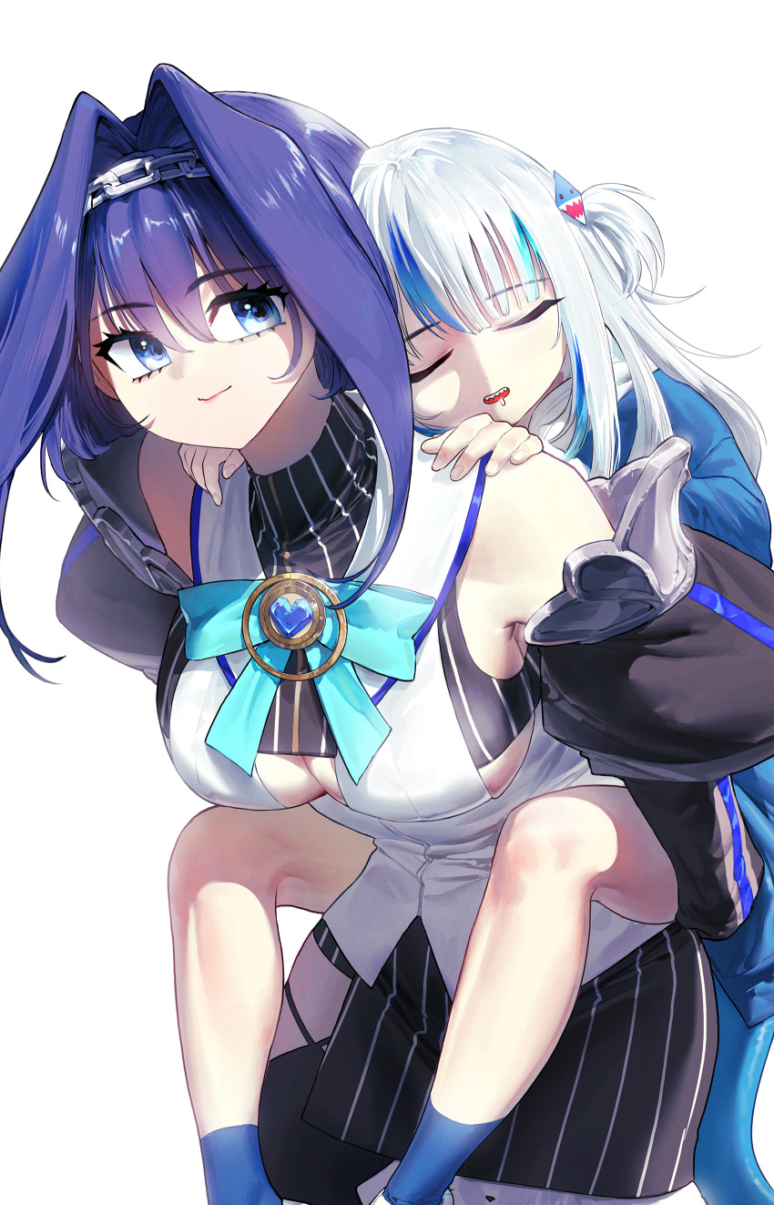 2girls absurdres animal_hood black_shorts black_skirt black_sleeves black_thighhighs blue_eyes blue_hair blue_ribbon blue_socks breasts carrying cleavage cleavage_cutout closed_eyes clothing_cutout commentary detached_sleeves english_commentary fish_tail gawr_gura ghdwid hair_ornament highres hololive hololive_english hood large_breasts medium_hair multicolored_hair multiple_girls open_mouth ouro_kronii piggyback ribbon saliva shark_girl shark_hair_ornament shark_hood shark_tail sharp_teeth shirt short_hair short_twintails shorts skirt sleeping sleeping_on_person smile socks streaked_hair tail teeth thighhighs twintails underboob virtual_youtuber white_hair white_shirt