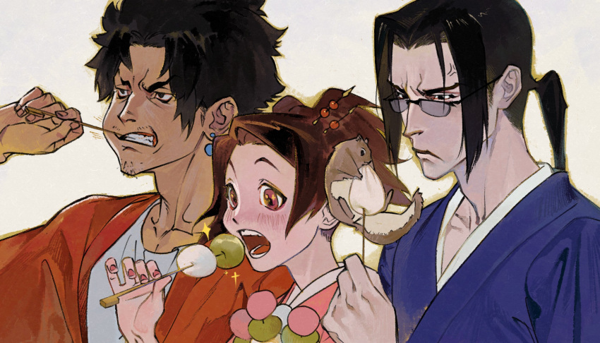 1girl 2boys anger_vein black_hair blue_kimono blush brown_eyes clenched_teeth dango earrings eating facial_hair food frown furrowed_brow fuu_(samurai_champloo) glasses grey_background hair_ornament hair_stick highres holding holding_food japanese_clothes jewelry jinnosuke kimono long_hair lower_teeth mugen_(samurai_champloo) multiple_boys nanaudeeeeee open_mouth orange_kimono parted_lips pink_kimono ponytail samurai_champloo shirt short_hair sparkle squirrel stubble teeth upper_body upper_teeth wagashi white_shirt