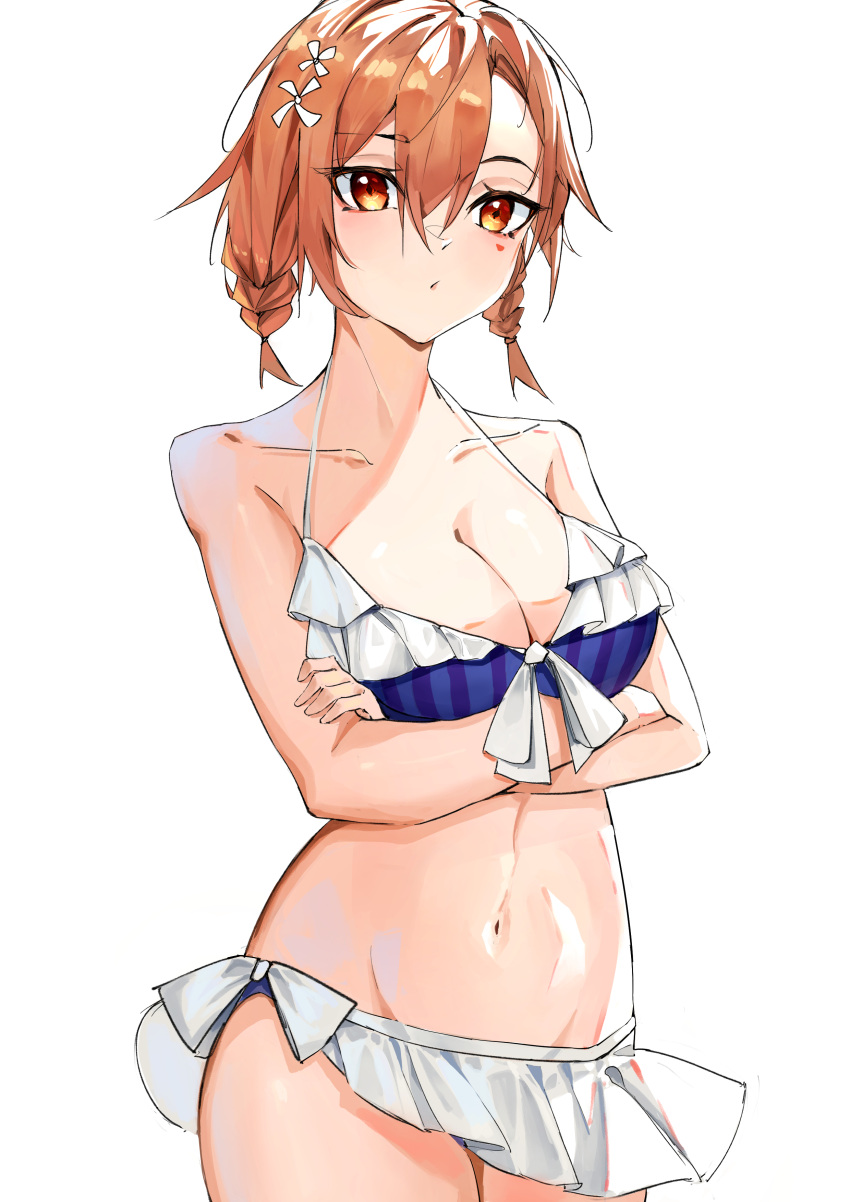 1girl absurdres alternate_breast_size alternate_hairstyle arms_under_breasts bangs bare_shoulders bikini blush breasts brown_hair collarbone commentary_request cowboy_shot expressionless flower frilled_bikini frills hair_between_eyes hair_flower hair_ornament highres large_breasts looking_ahead misaka_mikoto navel orange_eyes short_hair simple_background solo soranoki swimsuit toaru_kagaku_no_railgun toaru_majutsu_no_index white_background