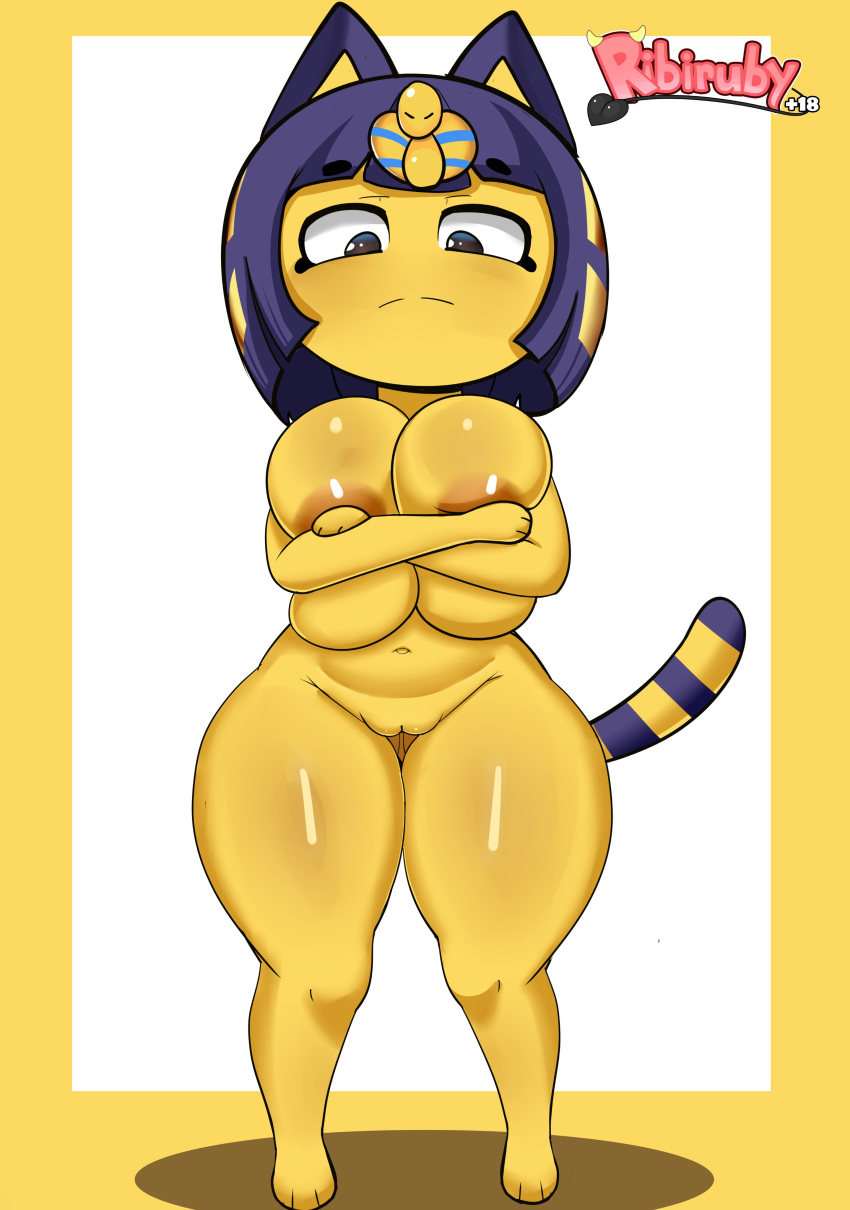 absurd_res animal_crossing ankha_(animal_crossing) anthro areola big_breasts black_eyes blue_hair breasts brown_areola covering covering_breasts crossed_arms domestic_cat felid feline felis female frown genitals hair hi_res huge_breasts mammal markings navel nintendo nude pussy ribiruby solo striped_markings striped_tail stripes tail_markings thick_thighs video_games yellow_body