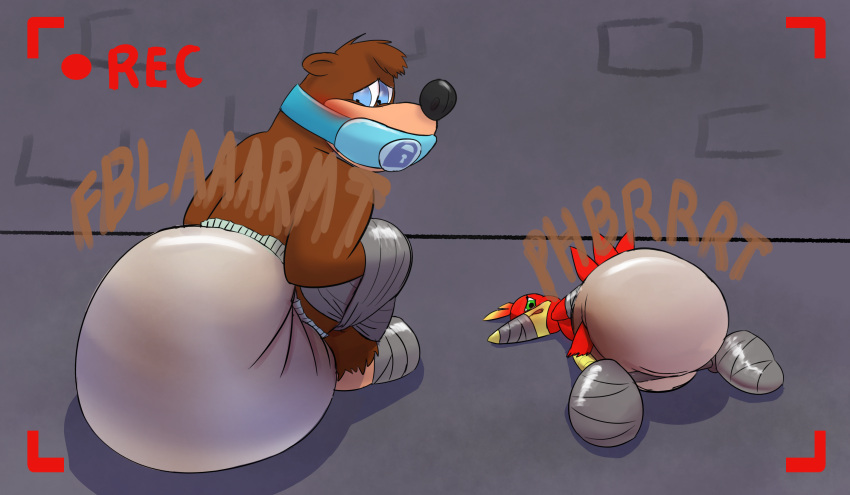 2021 avian banjo-kazooie banjo_(banjo-kazooie) bdsm blush bondage bound breegull brown_body brown_fur camera_view chaptude crouching diaper diaper_fetish duo feces fur gag hi_res kazooie mammal messy_diaper muzzle_(object) pacifier pacifier_gag rareware restraints simple_background soiled_diaper soiling spreader_bar tape tape_muzzle taped_hands ursid video_games worried