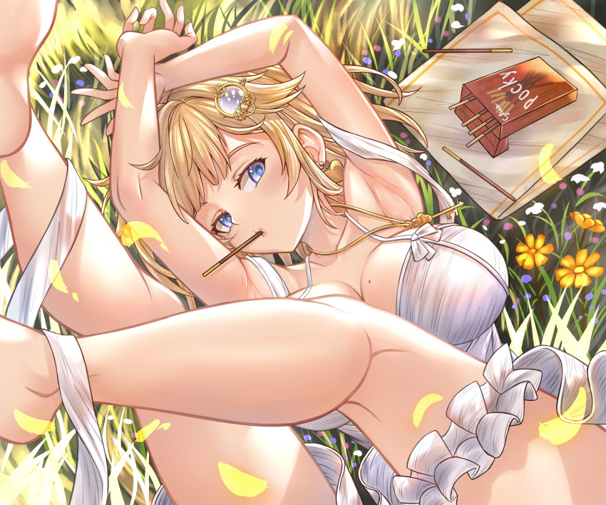 1girl absurdres armpits arms_up bangs bare_arms bare_shoulders blonde_hair breasts bridal_garter cleavage crossed_wrists dress food food_in_mouth frilled_garter from_above grass hair_ornament halter_dress halterneck highres hololive hololive_english honkivampy jewelry key_necklace large_breasts legs_up looking_at_viewer lying mole mole_on_breast monocle_hair_ornament mouth_hold necklace on_back pocky pocky_in_mouth short_hair sidelocks solo sundress thighs virtual_youtuber watson_amelia white_dress white_garter