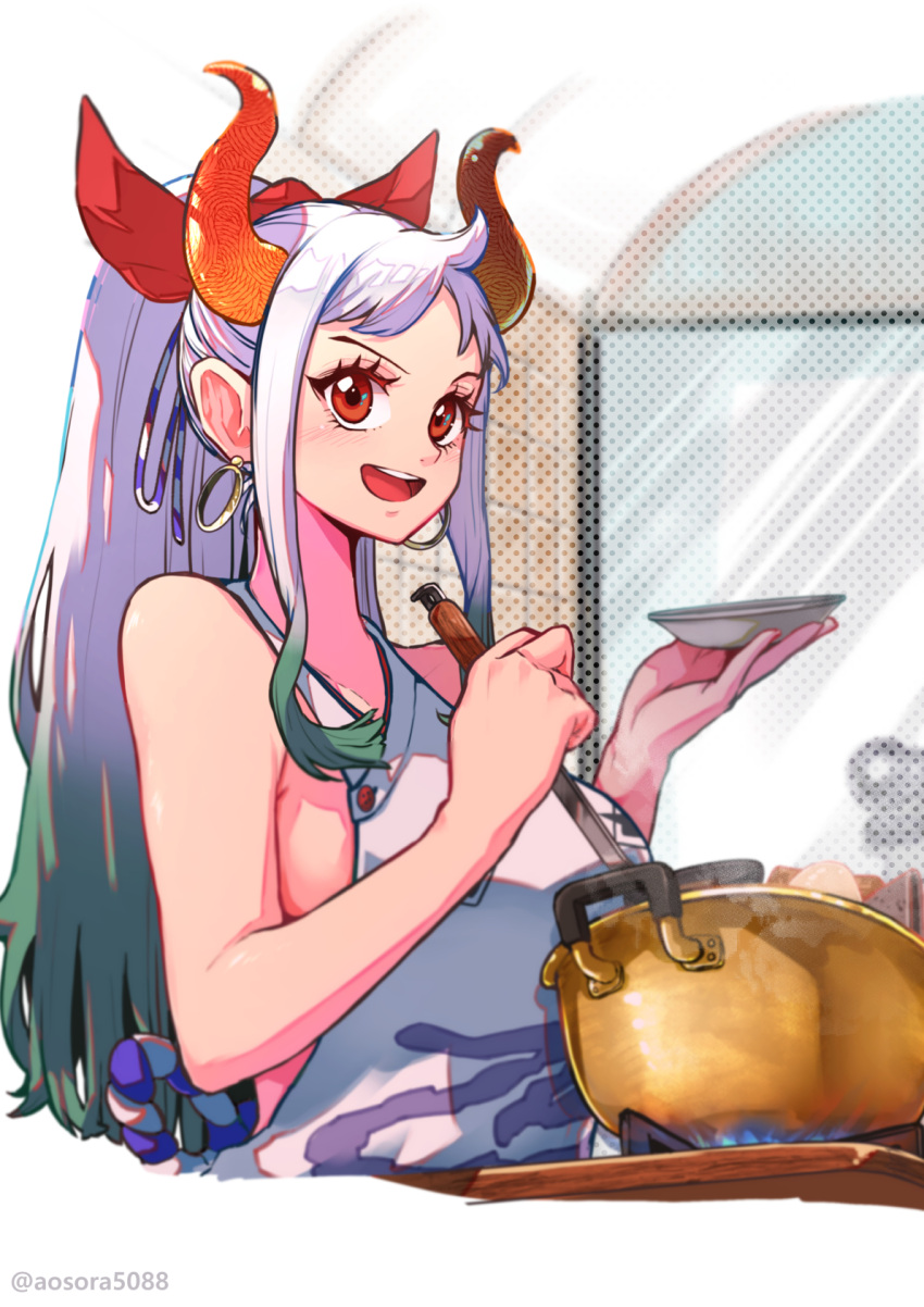 1girl adapted_costume animal_ears aosora2823 apron bare_arms bare_shoulders border bow breasts contemporary cooking cooking_pot cropped_torso curled_horns green_eyes hair_bow hair_ribbon hands_up high_ponytail highres holding horns indoors kitchen large_breasts long_hair looking_at_viewer multicolored_hair one_piece oni open_mouth orange_eyes orange_horns ribbon sideboob smile solo steam twitter_username upper_body very_long_hair white_border white_hair yamato_(one_piece)