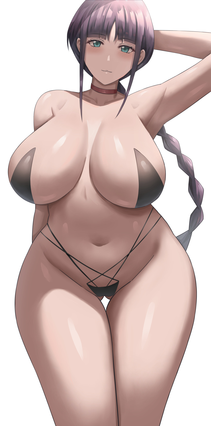 1girl absurdres arm_up armpits bangs bikini black_bikini bleach blunt_bangs blush braid braided_ponytail breasts choker cleavage closed_mouth collarbone green_eyes highres jasony kurotsuchi_nemu large_breasts looking_at_viewer navel purple_hair red_choker simple_background smile solo swimsuit thigh_gap thighs white_background wide_hips