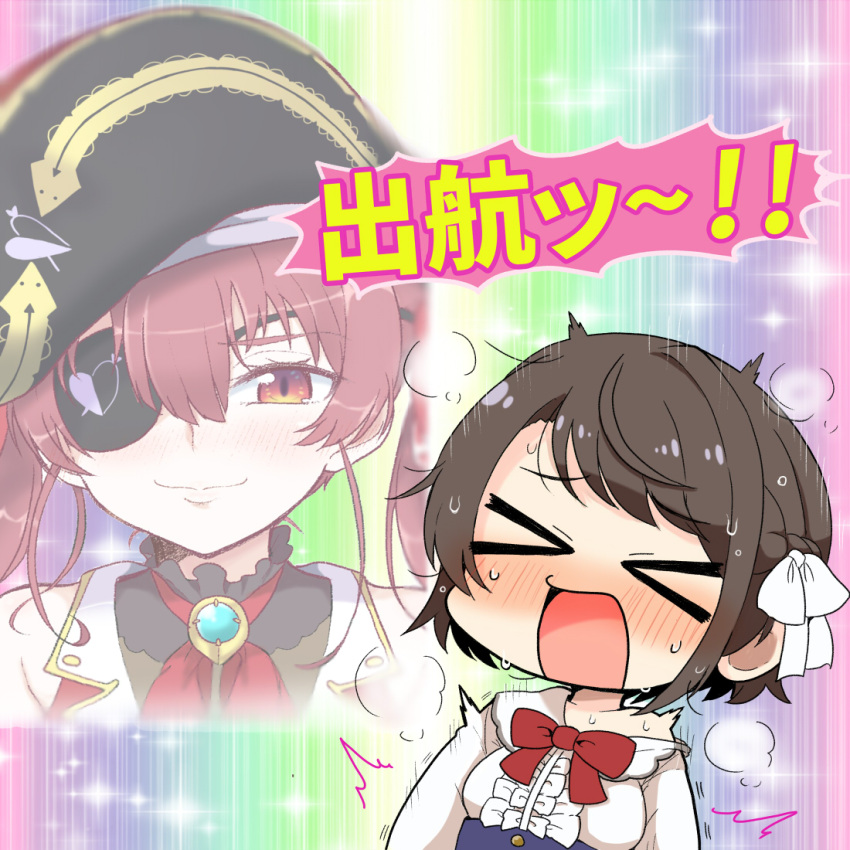 &gt;_&lt; 2girls black_hair blush braid eyepatch hat hololive houshou_marine matarou_(matarou072) multiple_girls oozora_subaru open_mouth pirate_hat rainbow_background red_eyes red_hair short_hair smile translation_request twintails virtual_youtuber