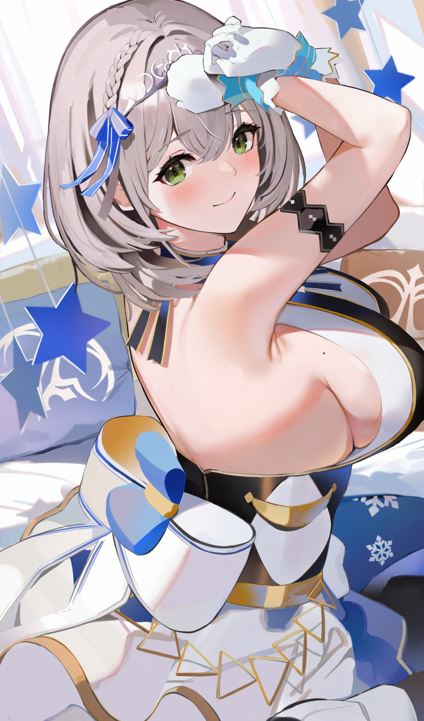 1girl armlet armpits arms_up bare_arms bare_back bare_shoulders blue_ribbon blush braid breasts closed_mouth crossed_wrists crown_braid dress from_side gloves green_eyes grey_hair hair_ribbon highres hololive idol large_breasts looking_at_viewer mole mole_on_breast niii_(memstapak) ribbon shirogane_noel sideboob smile snowflake_print solo star_(symbol) tiara virtual_youtuber white_dress white_gloves