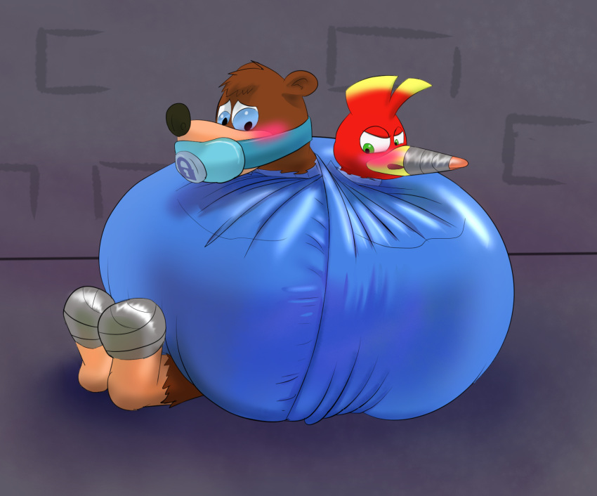 2021 avian banjo-kazooie banjo_(banjo-kazooie) big_diaper breegull brown_body brown_fur chaptude diaper diaper_fetish duo fur gag hi_res kazooie mammal muzzle_(object) pacifier pacifier_gag rareware simple_background tape_muzzle ursid video_games