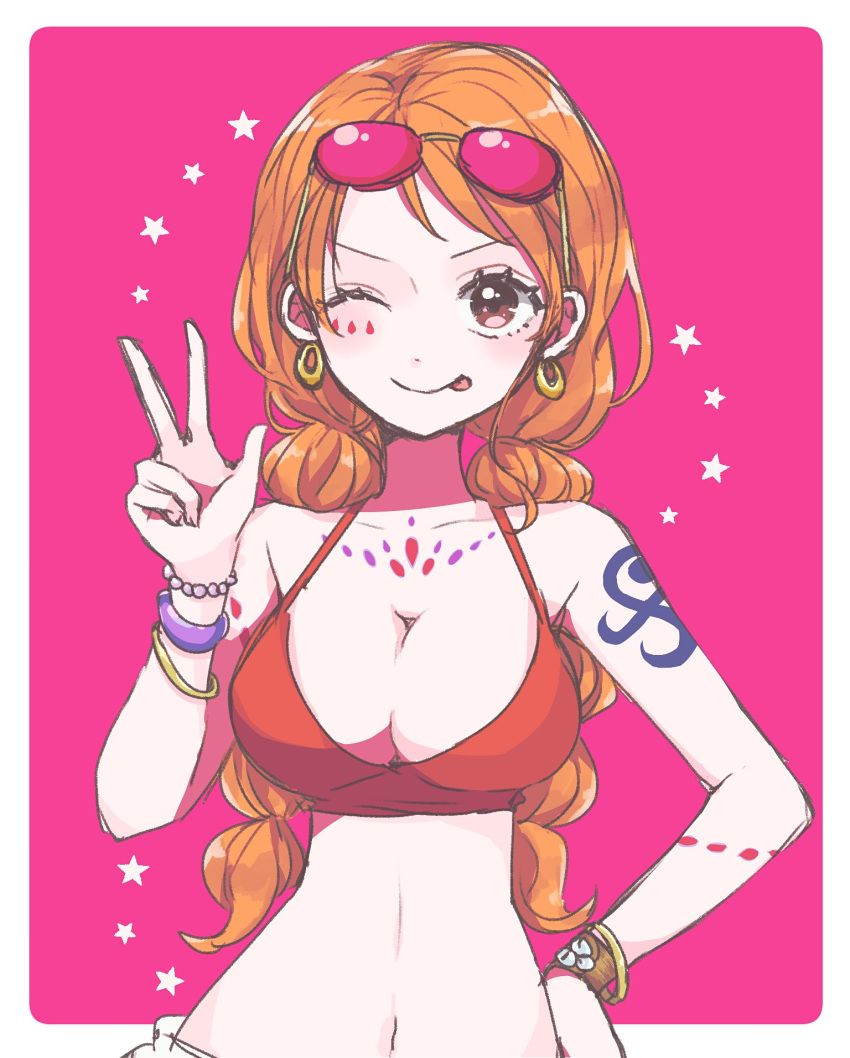 1girl :p bare_shoulders bracelet breasts cleavage earrings eyewear_on_head hand_on_hip hand_up highres jewelry large_breasts long_hair low_twintails midriff nami_(one_piece) navel one_eye_closed one_piece one_piece_film:_red orange_eyes orange_hair shinogo_no shoulder_tattoo solo star_(symbol) tattoo tongue tongue_out twintails upper_body v
