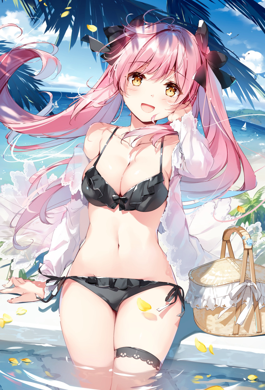 1girl :d absurdres bare_shoulders bikini black_bikini bow breasts character_request cleavage collarbone commentary_request day emori_miku_project floating_hair frilled_bikini frills front-tie_bikini_top front-tie_top hair_bow highres jacket long_hair looking_at_viewer medium_breasts miyase_mahiro navel off_shoulder open_clothes open_jacket open_mouth outdoors pink_hair side-tie_bikini_bottom sitting smile solo stomach string_bikini swimsuit thigh_strap thighs twintails water wet white_jacket yellow_eyes