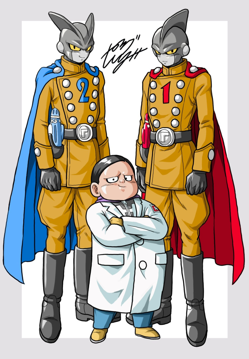 3boys belt black_hair blue_cape boots cape closed_mouth colored_sclera colored_skin crossed_arms dr._hedo dragon_ball dragon_ball_super dragon_ball_super_super_hero full_body gamma_1 gamma_2 gloves grey_skin gun highres labcoat looking_at_viewer male_focus multiple_boys red_cape serious signature smile superhero weapon yellow_sclera youngjijii