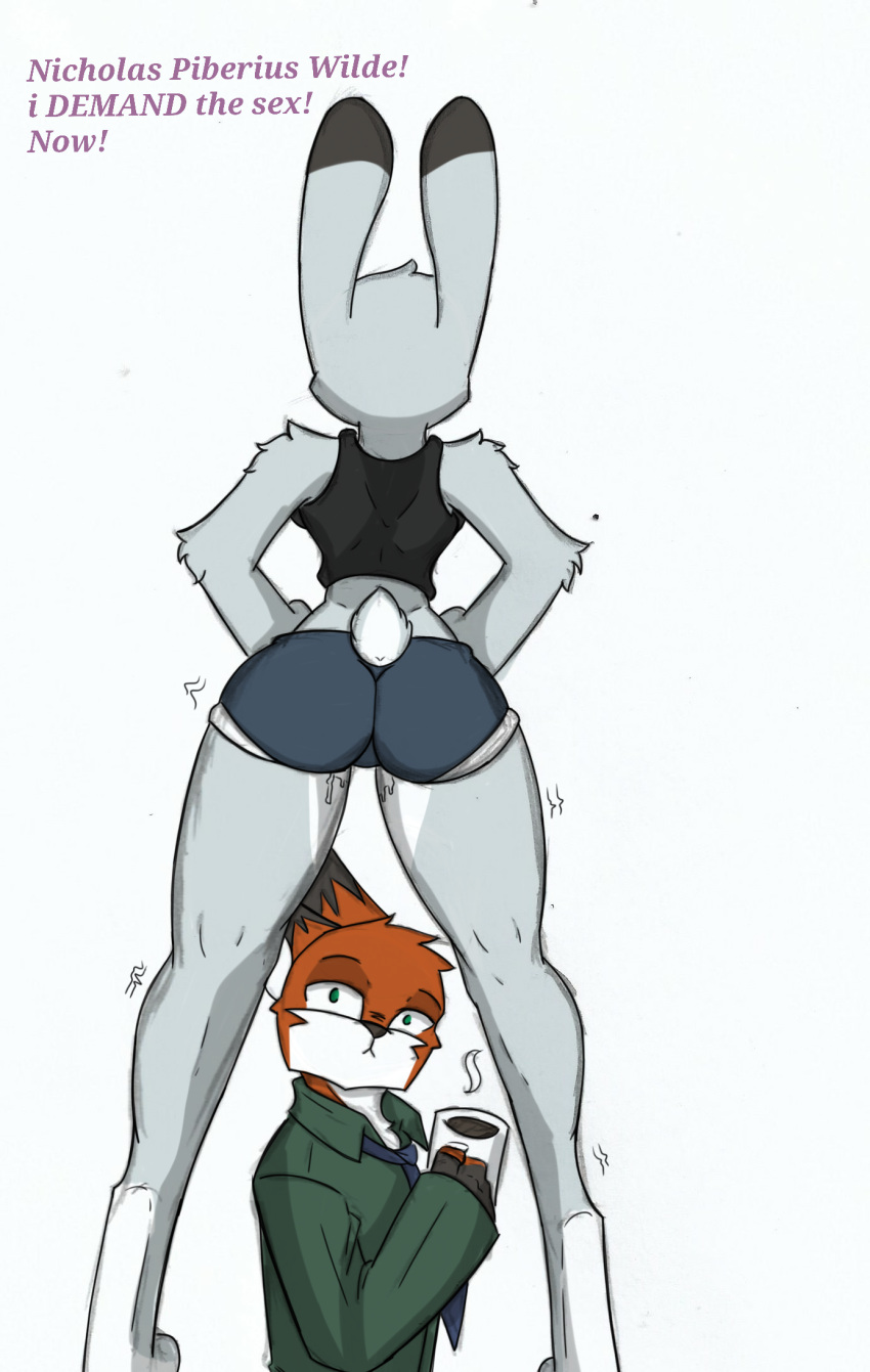 anthro big_butt bodily_fluids bottomwear butt clothing comic disney dolphin_shorts duo english_text female genital_fluids hi_res horny hotpants judy_hopps long_legs male male/female nick_wilde pace-maker pussy_juice shorts text thick_thighs thirsty video_games zootopia