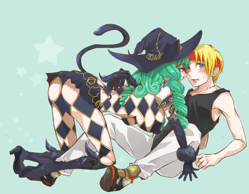 19670615t 1boy 1girl argyle argyle_cutout ass black_gloves blonde_hair blue_eyes breasts claude_kenni clothing_cutout drill_hair fiore_brunelli full_body gloves green_hair hair_ornament hat large_breasts long_hair open_mouth revealing_clothes simple_background skirt star_ocean star_ocean_integrity_and_faithlessness star_ocean_the_second_story tail twin_drills witch_hat yellow_eyes