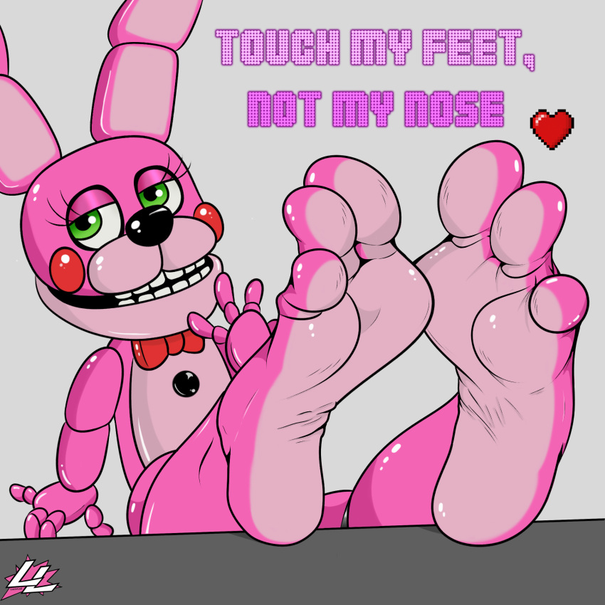 ambiguous_gender animatronic anthro bonnet_(fnafsl) feet feet_on_desk feet_on_table female five_nights_at_freddy's foot_fetish foot_focus hi_res humanoid_feet lagomorph lazzylad leporid machine mammal rabbit robot scottgames simple_background sister_location smile solo text video_games