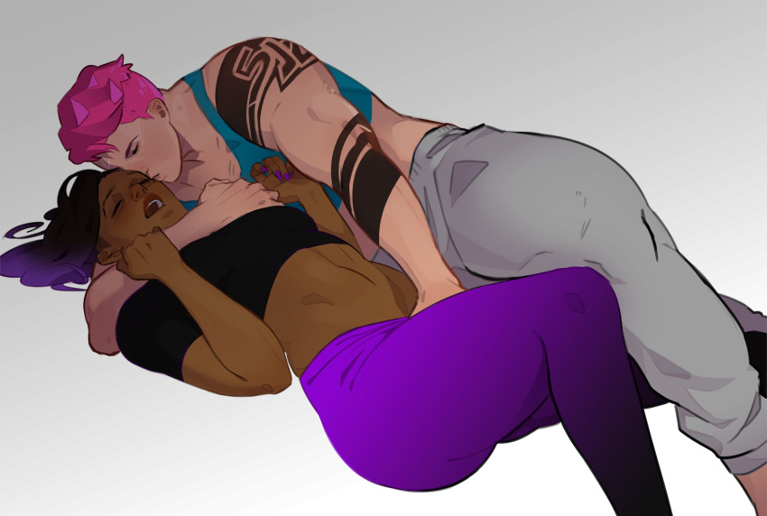 2girls arm_tattoo black_hair boobalore closed_eyes dark-skinned_female dark_skin fingering fingering_through_clothes highres long_hair mole mole_under_eye multicolored_hair multiple_girls nail_polish open_mouth overwatch pink_hair purple_hair purple_nails sombra_(overwatch) tattoo teeth through_clothes upper_teeth very_long_hair yuri zarya_(overwatch)