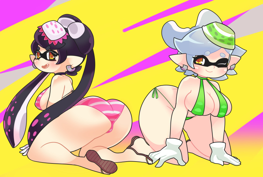 absurd_res animal_humanoid big_breasts bikini breasts butt callie_(splatoon) cephalopod cephalopod_humanoid cleavage clothed clothing digital_media_(artwork) duo ear_piercing ear_ring female footwear gloves hair handwear hi_res humanoid inkling kneeling looking_at_viewer looking_back marie_(splatoon) marine marine_humanoid mollusk mollusk_humanoid nintendo not_furry one_eye_closed onigiri_punch open_mouth piercing pseudo_hair rear_view ring_piercing sandals simple_background skimpy skimpy_bikini smile snaggle_tooth splatoon squid_sisters_(splatoon) string_bikini swimwear tentacle_hair tentacles tongue video_games wink