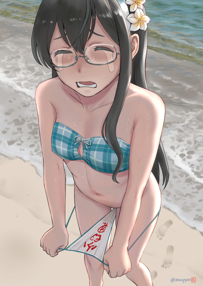 1girl aqua_bikini aqua_hairband artist_logo beach bikini black_hair closed_eyes collarbone crying feet_out_of_frame flower glasses hair_between_eyes hair_flower hair_ornament hairband highres kantai_collection long_hair mu-pyon navel ocean ooyodo_(kancolle) open_mouth solo swimsuit twitter_username white_flower