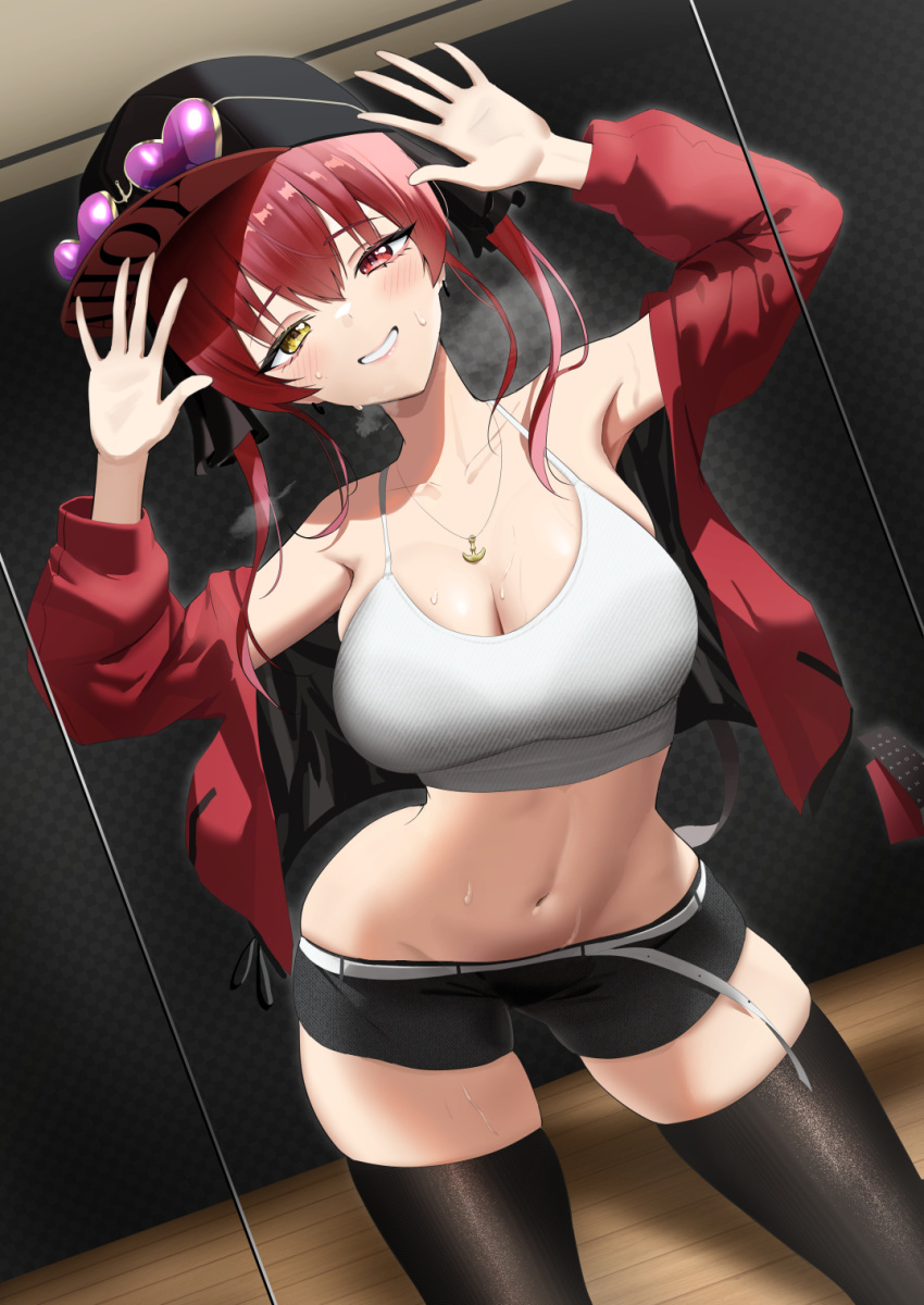 1girl anchor_necklace bad_anatomy bangs baseball_cap black_headwear black_shorts black_thighhighs blush breasts cleavage crop_top eyewear_on_headwear grin hair_between_eyes halterneck hands_up hat heart heart-shaped_eyewear heterochromia highres hololive houshou_marine jacket jewelry large_breasts long_sleeves looking_at_viewer medium_hair navel necklace off_shoulder red_eyes red_hair red_jacket ri_qing short_shorts shorts smile solo standing stomach sweat thighhighs virtual_youtuber yellow_eyes