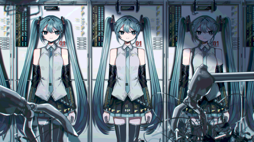 3girls bangs black_skirt black_sleeves black_thighhighs blue_eyes blue_hair blue_necktie breasts character_name closed_mouth collared_shirt commentary_request danjou_sora grey_shirt hair_between_eyes hatsune_miku highres long_hair long_sleeves multiple_girls necktie pleated_skirt shirt sidelocks skirt sleeveless sleeveless_shirt small_breasts smile thighhighs tie_clip twintails very_long_hair vocaloid