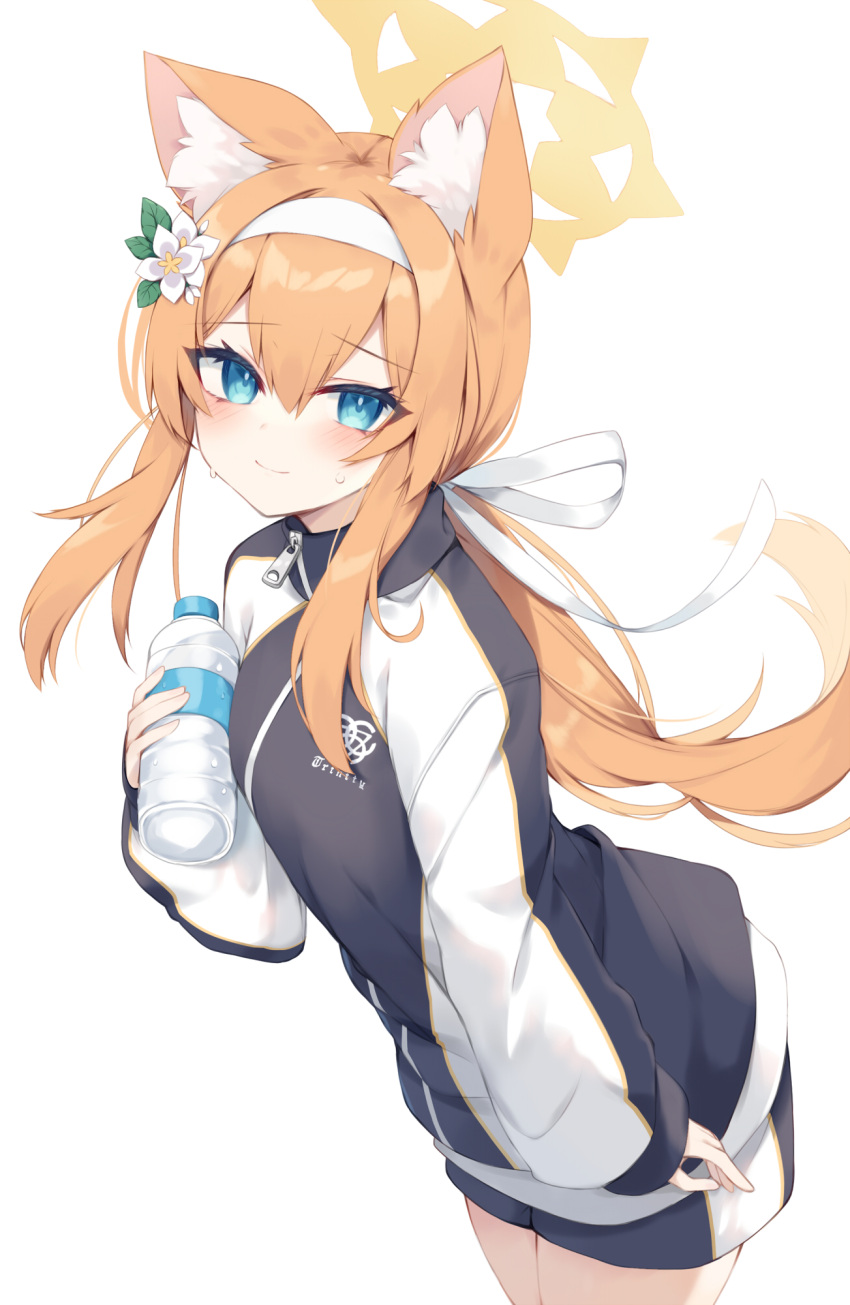 1girl animal_ear_fluff animal_ears bangs black_jacket black_shorts blue_archive blue_eyes blush bottle brown_hair closed_mouth commentary_request flower hair_between_eyes hair_flower hair_ornament hair_ribbon halo hand_up headband highres holding holding_bottle jacket long_sleeves looking_at_viewer low_ponytail mari_(blue_archive) nibiiro_shizuka ponytail puffy_long_sleeves puffy_sleeves ribbon short_shorts shorts simple_background sleeves_past_wrists smile solo standing sweat track_jacket water_bottle white_background white_flower white_headband white_ribbon