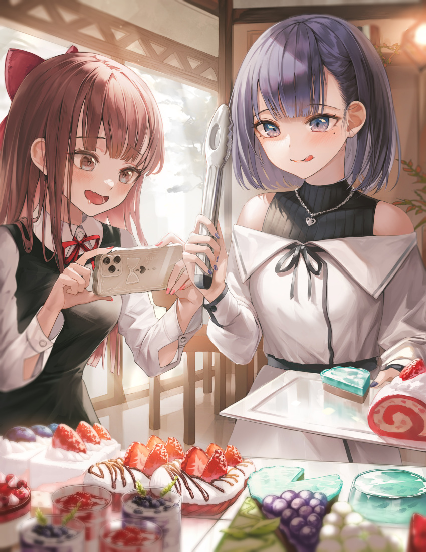 2girls :d absurdres bare_shoulders black_dress black_ribbon black_shirt bow braid breasts brown_eyes brown_hair cake cellphone collared_shirt covered_collarbone dress dress_shirt drooling fang food fruit grapes grey_eyes h2o_(dfo) hair_bow heart heart_necklace highres holding holding_phone indoors jewelry licking_lips medium_breasts mole mole_under_eye multiple_girls nail_polish neck_ribbon necklace off-shoulder_dress off_shoulder original phone purple_hair purple_nails red_bow red_nails red_ribbon ribbon saliva shirt short_hair sleeveless sleeveless_dress sleeveless_shirt smile strawberry swiss_roll tongs tongue tongue_out white_dress white_shirt
