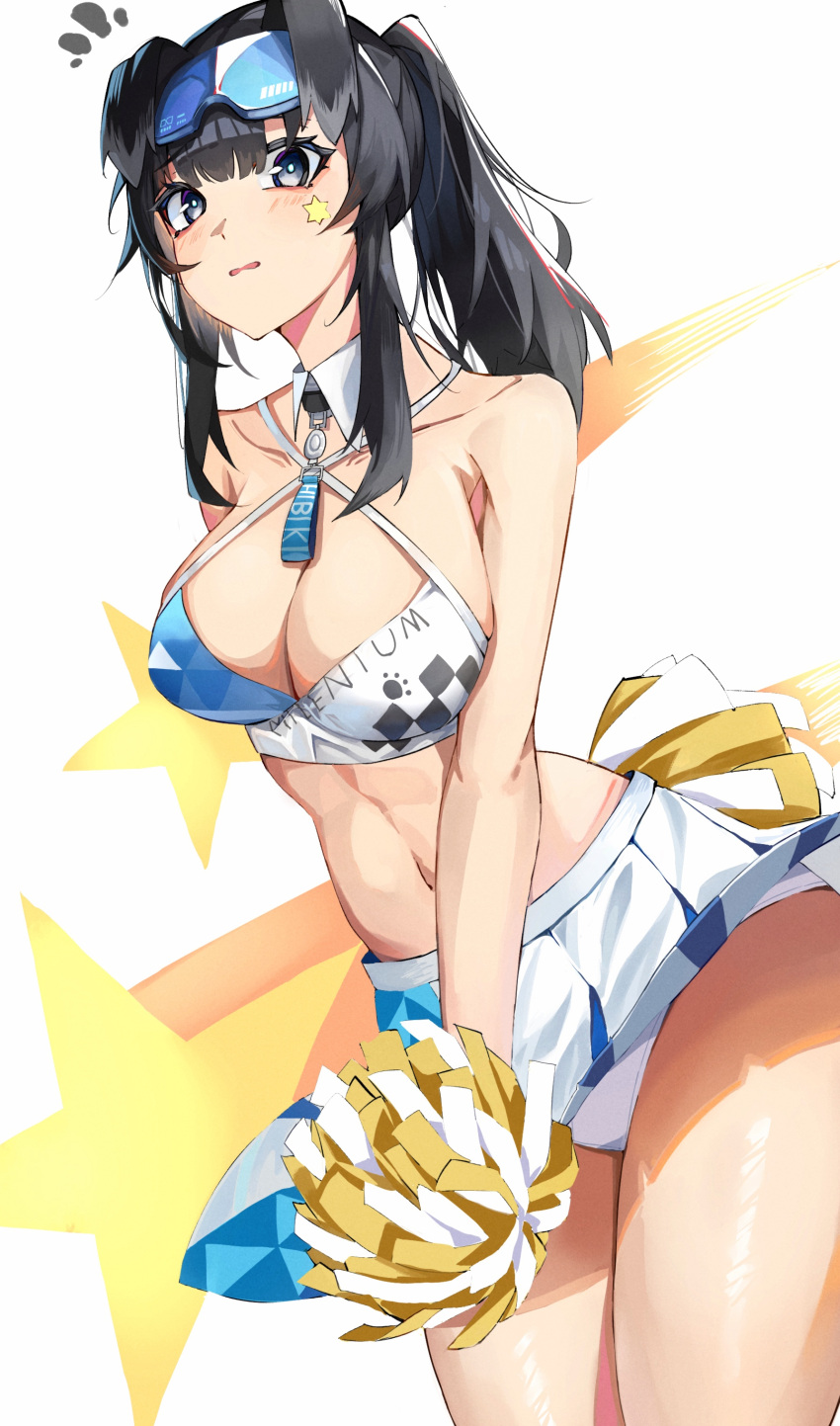 1girl absurdres bangs blue_archive blush breasts cheerleader cleavage collarbone commentary_request cowboy_shot detached_collar goggles goggles_on_head hibiki_(blue_archive) hibiki_(cheerleader)_(blue_archive) highres large_breasts midriff navel official_alternate_costume panties pom_pom_(cheerleading) skirt solo soranoki stomach underwear white_background white_panties