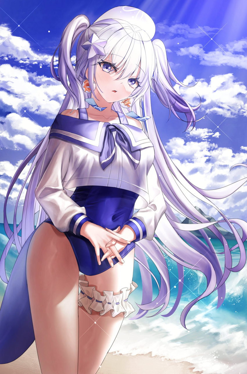 1girl absurdres bangs beach blue_eyes blue_sky blush bow breasts choi2494 covered_navel crop_top day earrings fish_earrings hair_ornament highres jewelry large_breasts legwear_garter long_hair long_sleeves looking_at_viewer ocean off_shoulder one-piece_swimsuit open_mouth original own_hands_together sky swimsuit tail very_long_hair white_hair