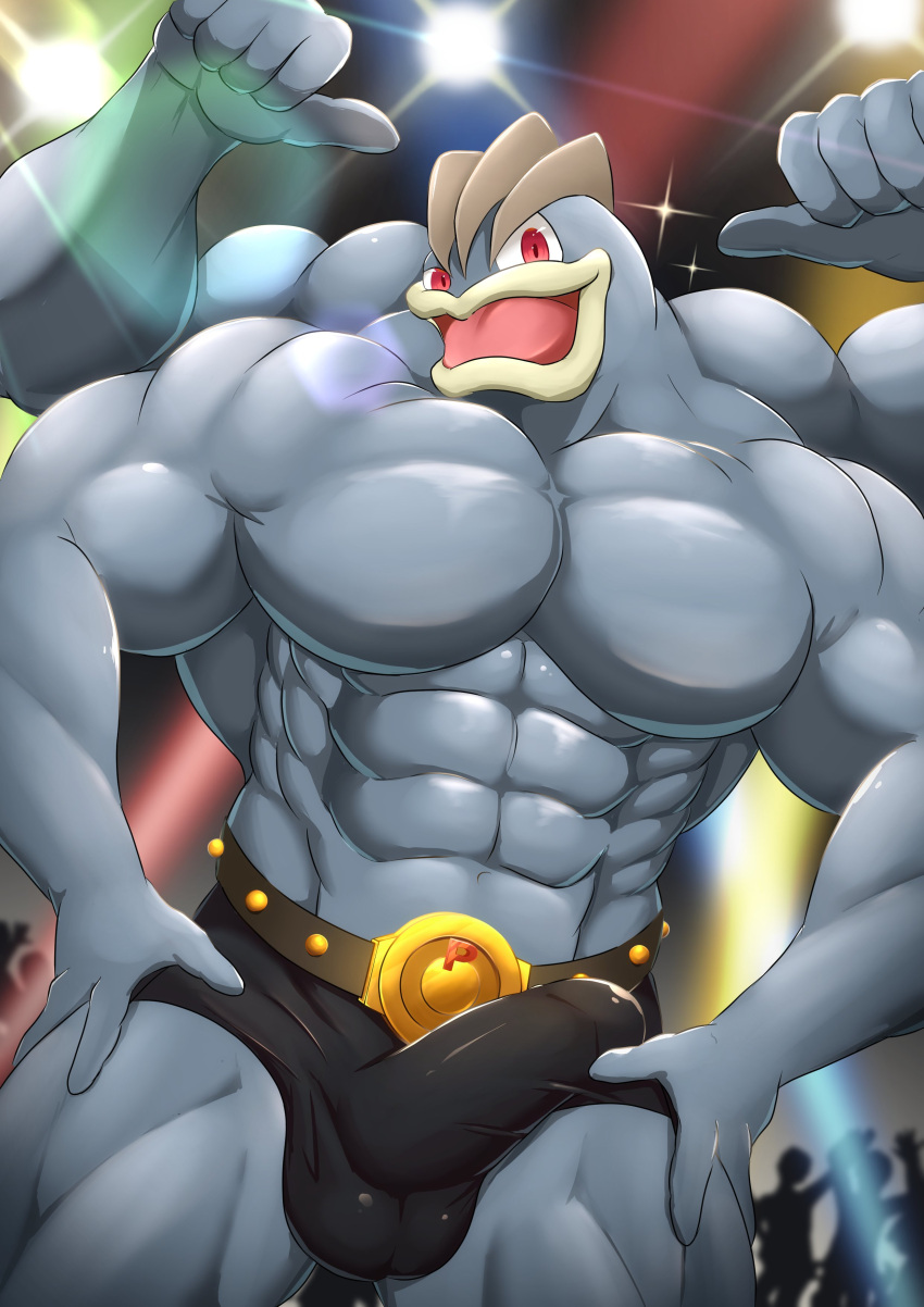 2022 absurd_res bulge generation_1_pokemon group hi_res humanoid looking_at_viewer machamp male muscular muscular_humanoid muscular_male nintendo pokemon pokemon_(species) red_eyes solo_focus toranoyouhei video_games