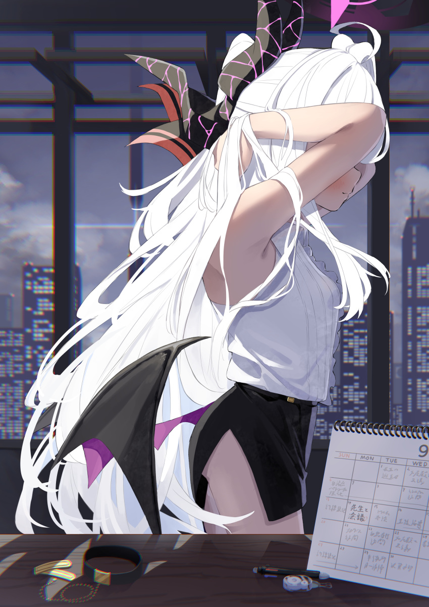1girl absurdres armpits arms_behind_head arms_up bangs bare_arms bare_shoulders black_skirt black_wings blue_archive blush breasts building calendar_(object) cityscape closed_mouth from_side halo hand_in_own_hair highres hina_(blue_archive) horns indoors long_hair low_wings medium_breasts multiple_horns profile shirt side_slit sidelocks skirt skyscraper sleeveless sleeveless_shirt smile solo table very_long_hair white_hair white_shirt window wings yuki_hishaku
