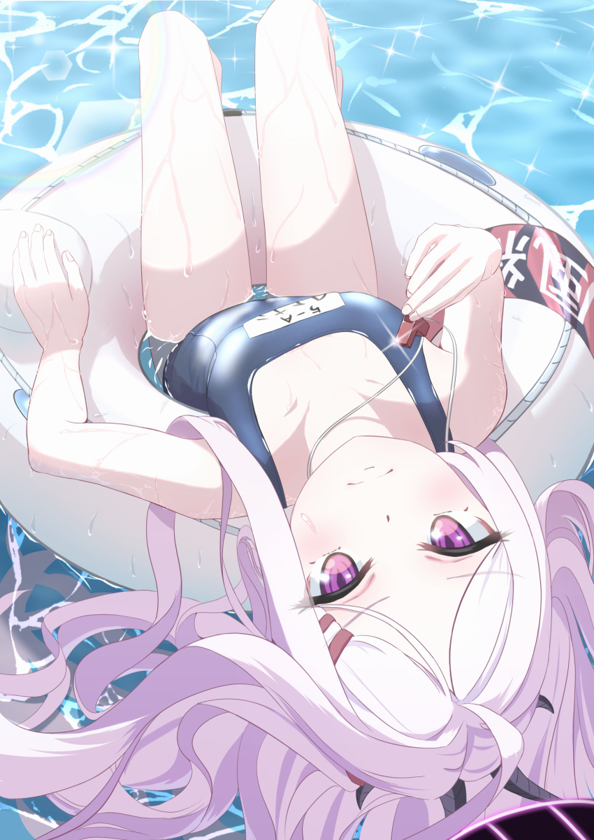 1girl ahoge bangs blue_archive blue_one-piece_swimsuit blush buoy closed_mouth collarbone commentary_request demon_horns dot_nose flat_chest hair_ornament hairclip halo highres hina_(blue_archive) hina_(swimsuit)_(blue_archive) holding holding_whistle horns light_blush long_hair looking_at_viewer lying_on_water name_tag official_alternate_costume old_school_swimsuit one-piece_swimsuit parted_bangs pink_hair purple_eyes school_swimsuit solo swimsuit syimo thighs upside-down very_long_hair water wet whistle whistle_around_neck white_hair