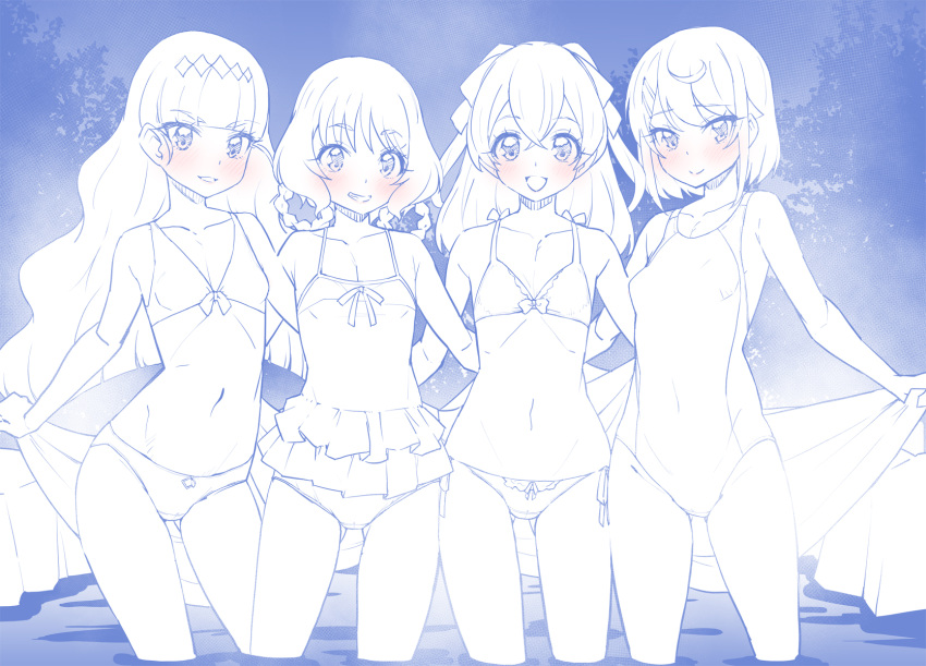 4girls ass_visible_through_thighs bangs bikini blue_theme blunt_bangs blush bob_cut bow bow_bikini breasts cameltoe closed_mouth commentary covered_navel crotch_seam delicious_party_precure flat_chest frilled_swimsuit frills fuwa_kokone grin hair_ornament hair_ribbon hair_rings hanamichi_ran highres holding holding_towel kasai_amane long_hair medium_hair miyagoe_yoshitsuki monochrome multiple_girls nagomi_yui navel one-piece_swimsuit open_mouth outdoors precure ribbon side-tie_bikini_bottom small_breasts smile spot_color swimsuit towel wading water