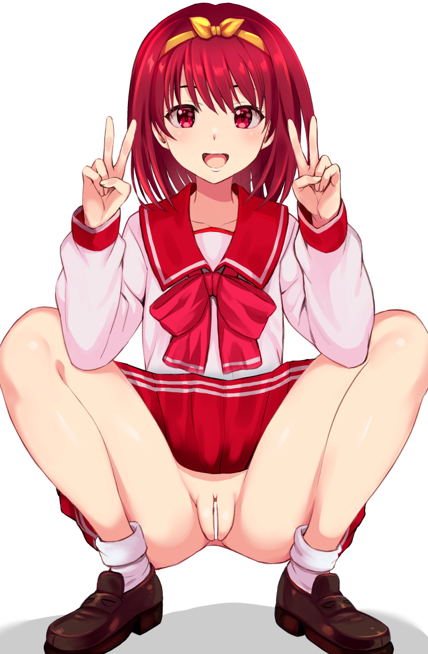 1girl absurdres bar_censor bow censored double_v hairband highres kamigishi_akari looking_at_viewer no_panties open_mouth pukara pussy red_bow red_eyes red_hair red_skirt school_uniform serafuku short_hair simple_background skirt socks solo squatting to_heart v white_background white_socks yellow_hairband