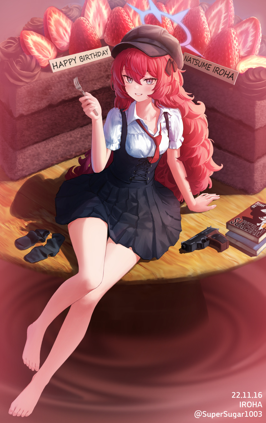 1girl absurdres bangs bare_legs barefoot beret black_footwear black_headwear blue_archive book breasts cake collarbone food fruit gun handgun hat high-waist_skirt highres iroha_(blue_archive) long_hair looking_at_viewer no_shoes puffy_short_sleeves puffy_sleeves red_hair shirt shoes short_sleeves sitting skirt smile socks_removed solo strawberry supersugar suspender_skirt suspenders very_long_hair walther walther_p38 weapon