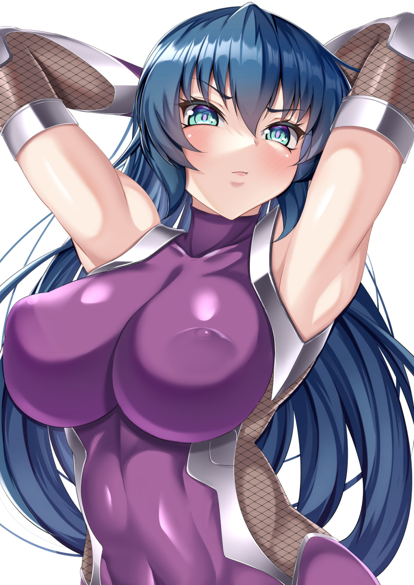 1girl aqua_eyes armpits arms_behind_head arms_up bangs bare_shoulders blue_hair bodysuit breasts closed_mouth commentary covered_collarbone covered_navel covered_nipples elbow_gloves fishnet_bodysuit fishnet_gloves fishnets gloves hair_between_eyes highres igawa_asagi impossible_bodysuit impossible_clothes large_breasts light_blush long_hair looking_at_viewer obliques parapetto purple_bodysuit sidelocks simple_background skin_tight solo standing taimanin_(series) taimanin_asagi taimanin_suit upper_body white_background