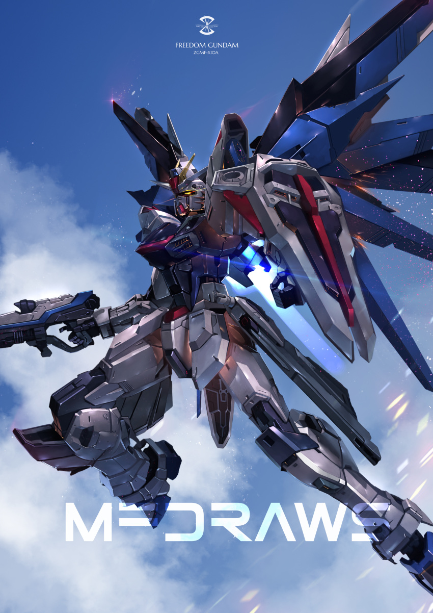 absurdres artist_name beam_rifle blue_sky brayanong999 character_name cloud cloudy_sky commentary_request energy_gun english_commentary english_text exhaust flying freedom_gundam gun gundam gundam_seed highres holding holding_gun holding_weapon logo mecha mobile_suit no_humans partial_commentary robot science_fiction shield sky solo thrusters v-fin watermark weapon yellow_eyes