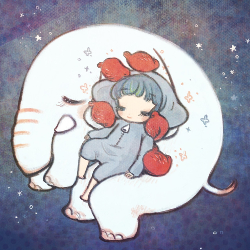 1girl animal bangs barefoot bird blue_hair chibi closed_eyes commentary_request cosplay elephant elephant_costume harokellogg highres kigurumi long_sleeves lying pawoo red_bird sleeping smile solo sparkle star_(sky) zipper zipper_pull_tab