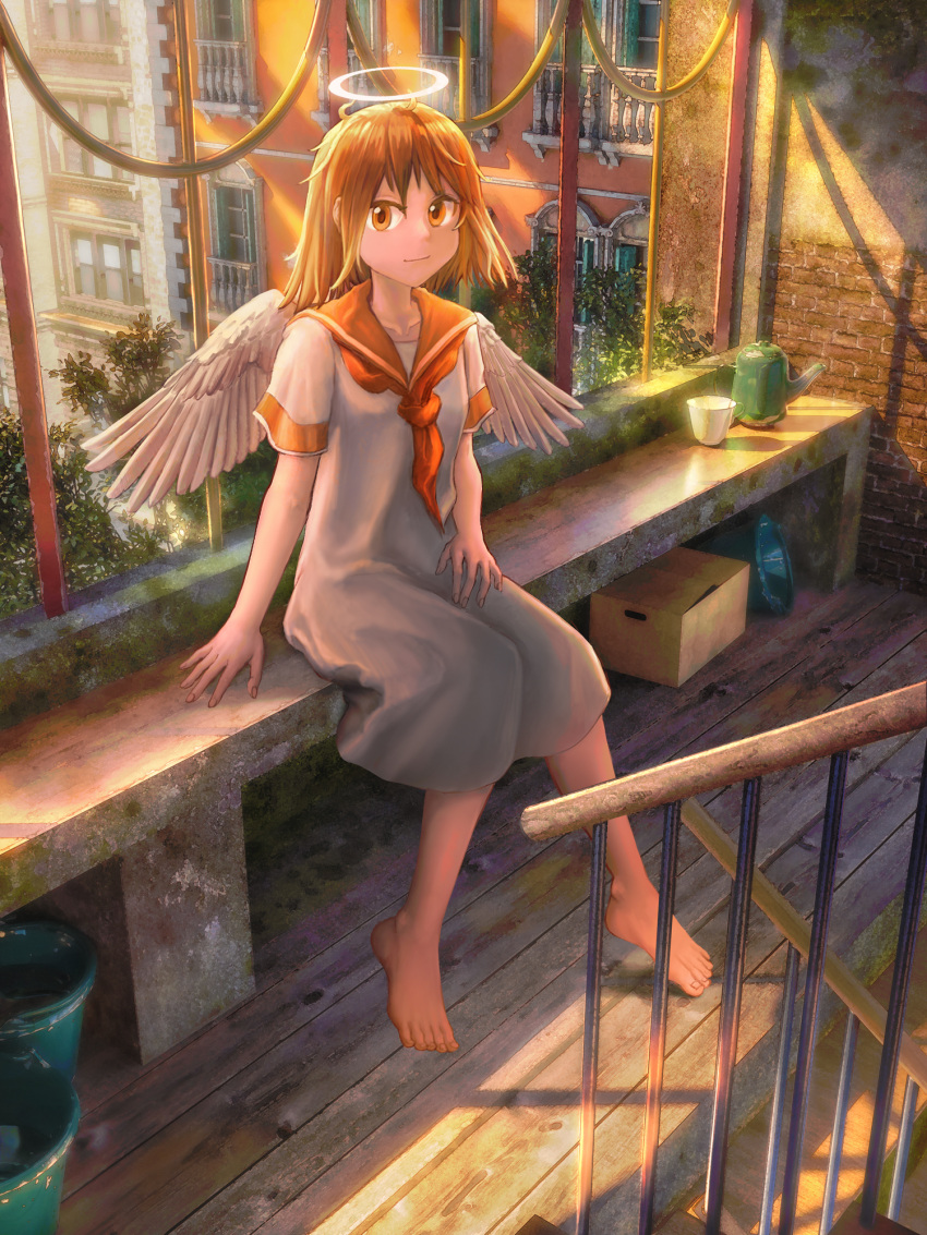 1girl barefoot box brown_hair bucket feathered_wings haibane_renmei halo highres medium_hair neckerchief neur orange_eyes railing rakka_(haibane) red_neckerchief scenery short_sleeves sitting town white_wings wings