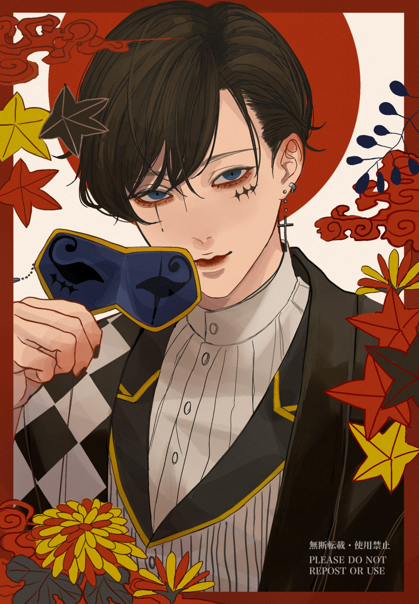 1other absurdres androgynous autumn_leaves bangs black_kimono blue_eyes border brown_hair buttons checkered_clothes checkered_kimono closed_mouth cloud collared_shirt commentary commission cross earrings facial_mark flower formal hand_up highres holding holding_mask japanese_clothes jewelry kagoya1219 kimono latin_cross looking_at_viewer mask mask_removed multicolored_flower original other_focus red_border red_clouds red_flower shirt short_hair skeb_commission solo swept_bangs upper_body vest white_shirt white_vest whorled_clouds yellow_flower